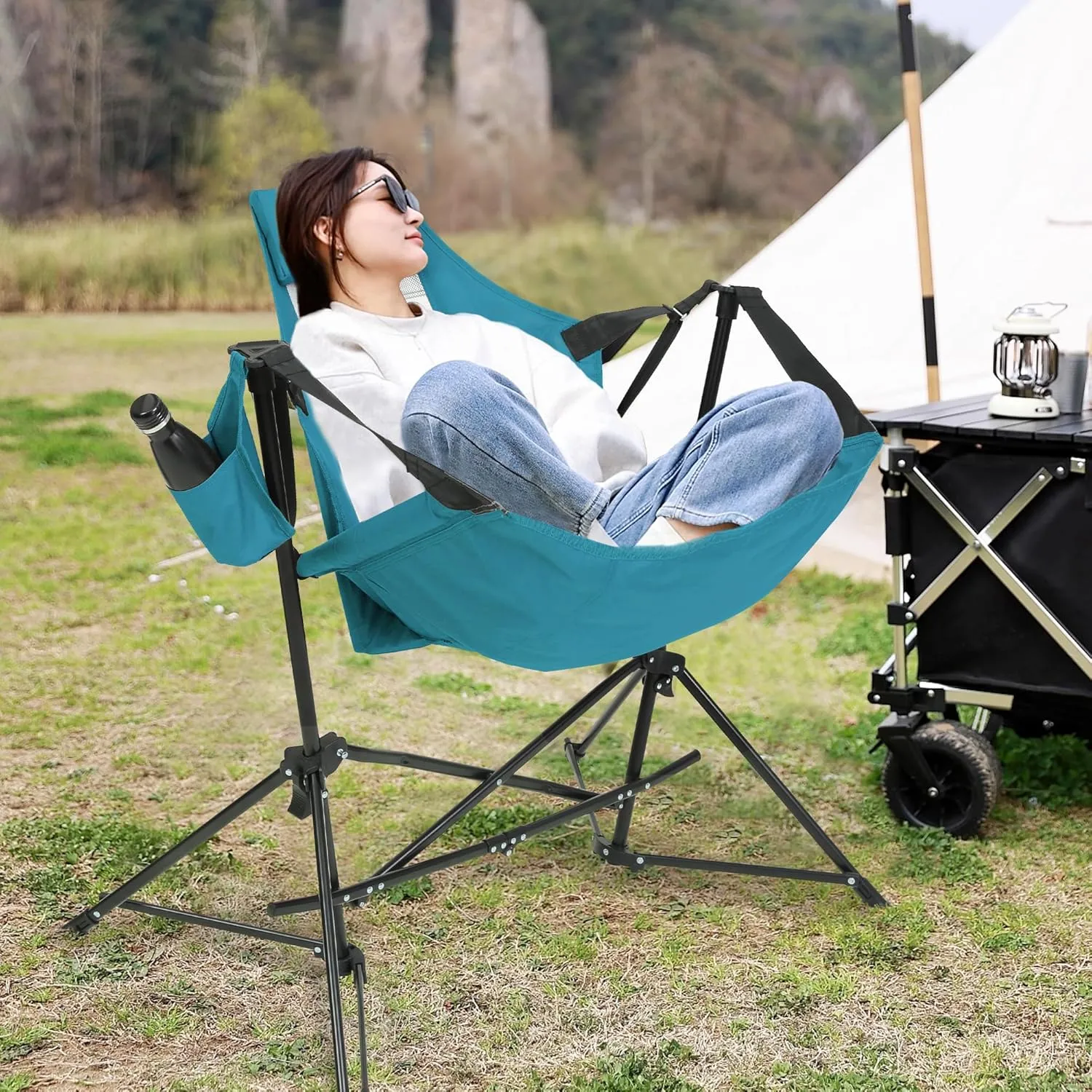 HOMEFUN Hammock Camping Chair - Portable Swinging Chairs for Adults with Stand and Storage Bag, Oversized Folding Rocking for Lawn Camp Fishing Hiking, Blue