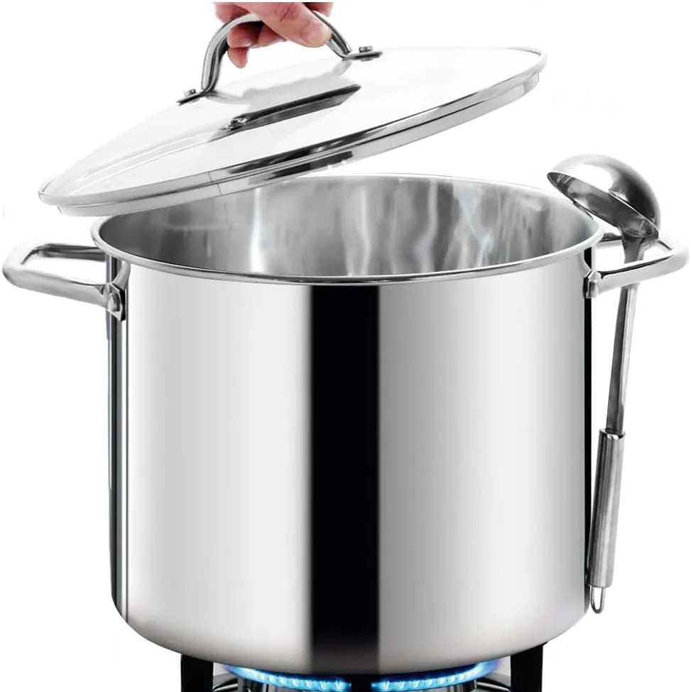 HOMICHEF 16 Quart LARGE Stock Pot with Glass Lid - NICKEL FREE Stainless Steel Healthy Cookware Stockpots with Lids 16 Quart - Mirror Polished Induction Pot - Commercial Grade Soup Pot