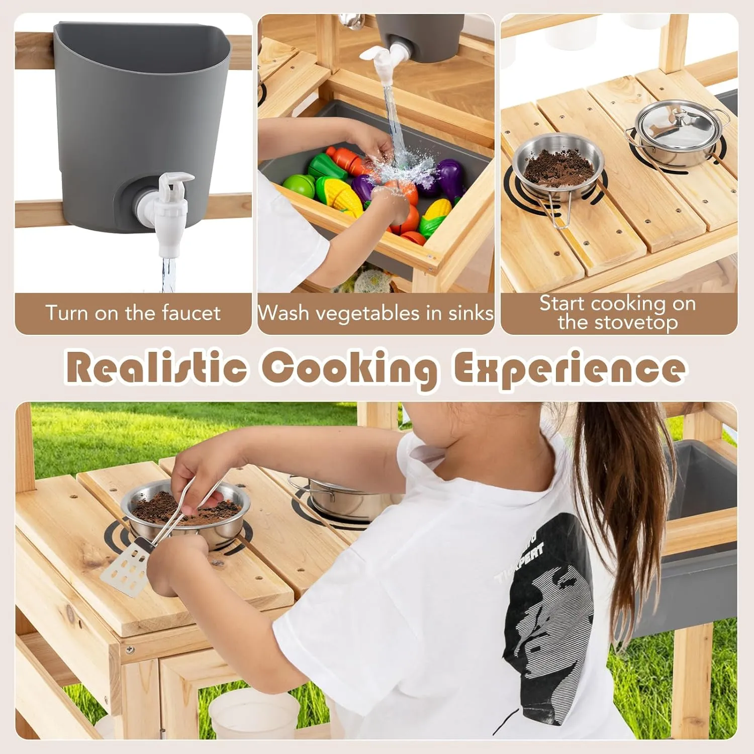 HONEY JOY Mud Kitchen, Fir Wood Outside Play Kitchen for Toddlers, Realistic Faucet & Water Tank, Stoves, Sink, Storage Shelf, 12 Planter Cups, Mud Table for Kids Outdoor Backyard