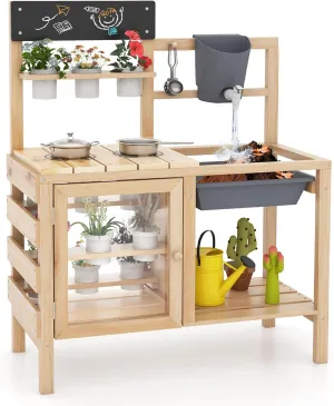 HONEY JOY Mud Kitchen, Fir Wood Outside Play Kitchen for Toddlers, Realistic Faucet & Water Tank, Stoves, Sink, Storage Shelf, 12 Planter Cups, Mud Table for Kids Outdoor Backyard