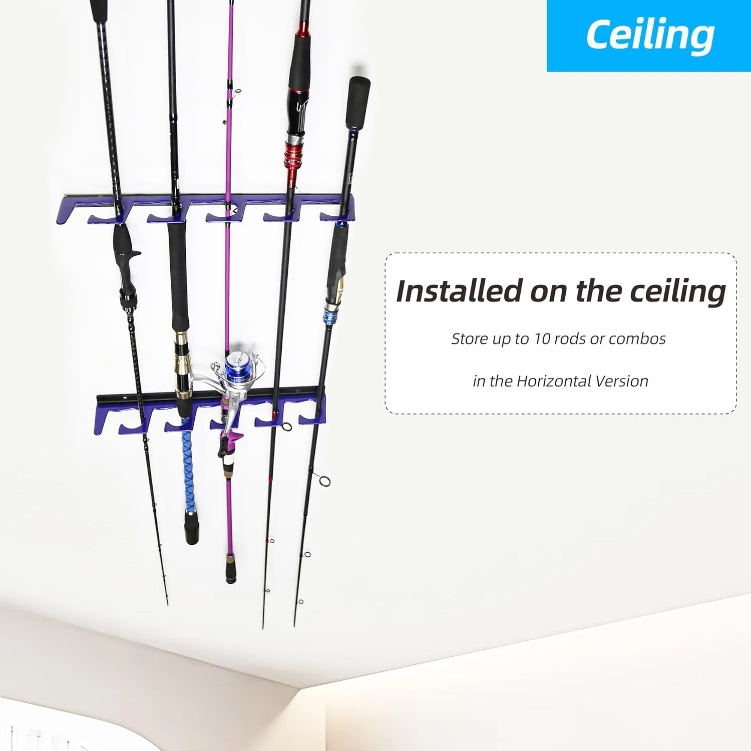 Horizontal Fishing Rod Holders for Garage, Durable Metal Fishing Pole Holders for Garage, Wall Ceiling Mounted Fishing Rod Rack, Premium Garage Organization for 10 Rods or Combos