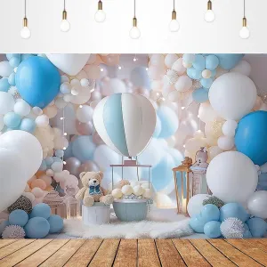 Hot Air Balloons Adventure Bear 1st Birthday Backdrop for Photography Children's Birthday Party Decoration White Clouds Stars Baby Shower Backdrop Graduation Travel Party Background (7X5FT)