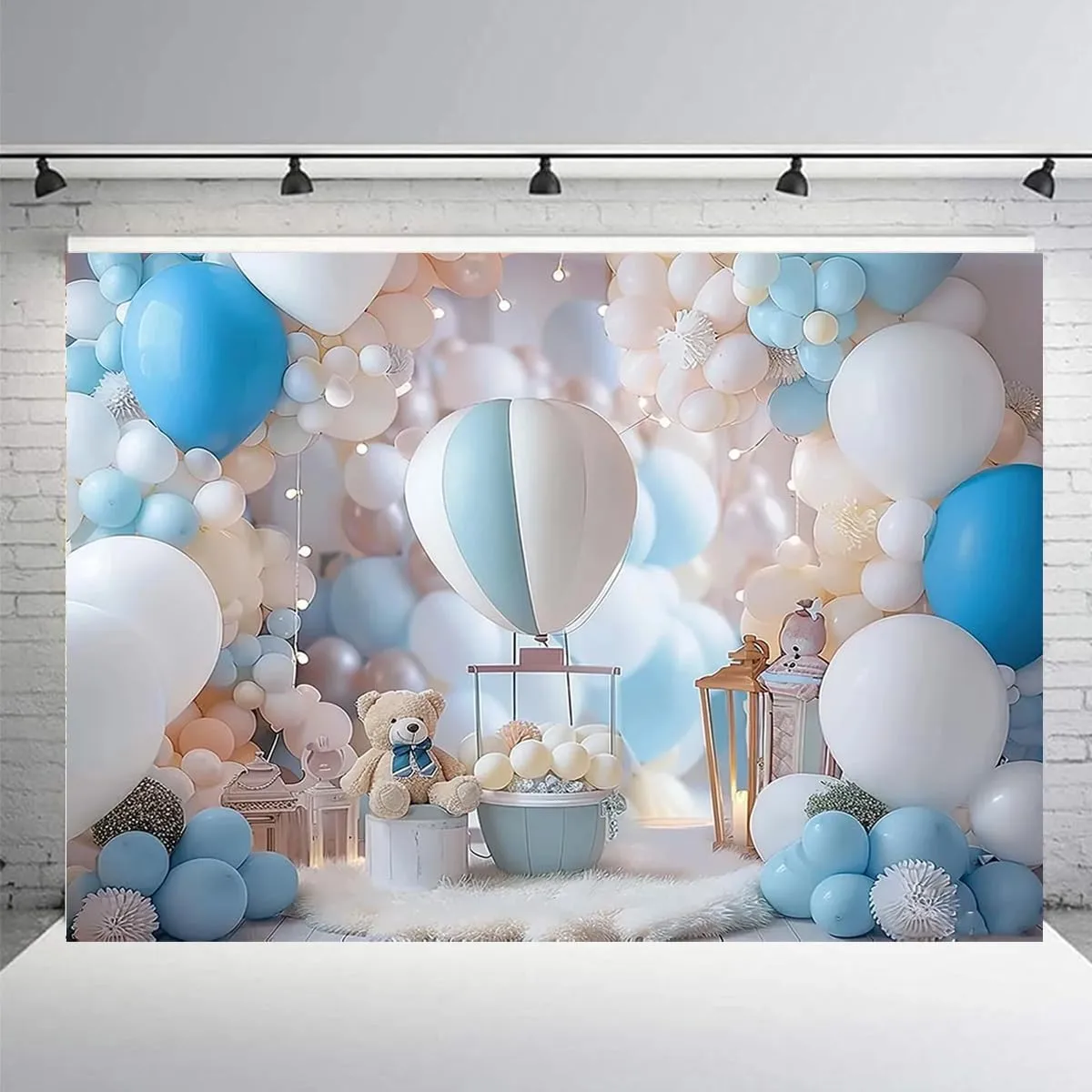 Hot Air Balloons Adventure Bear 1st Birthday Backdrop for Photography Children's Birthday Party Decoration White Clouds Stars Baby Shower Backdrop Graduation Travel Party Background (7X5FT)