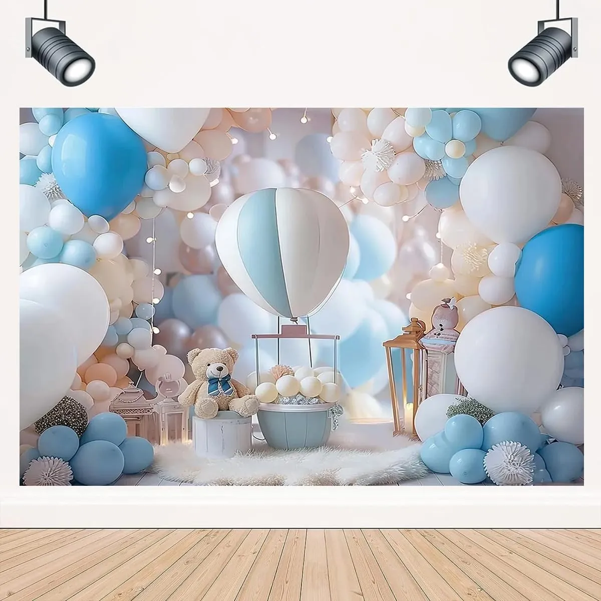 Hot Air Balloons Adventure Bear 1st Birthday Backdrop for Photography Children's Birthday Party Decoration White Clouds Stars Baby Shower Backdrop Graduation Travel Party Background (7X5FT)