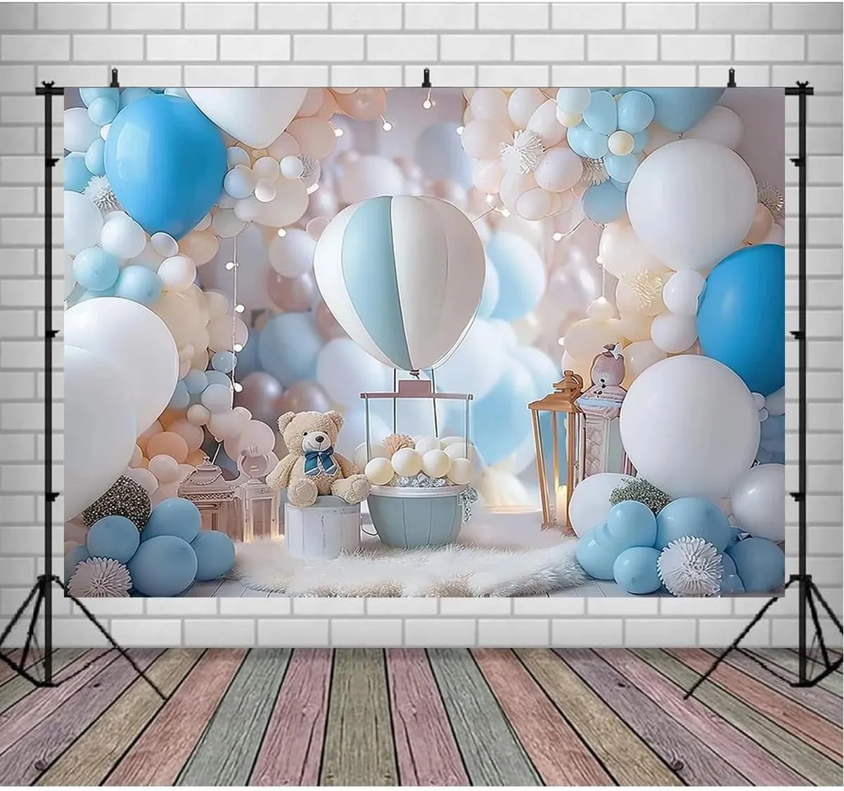 Hot Air Balloons Adventure Bear 1st Birthday Backdrop for Photography Children's Birthday Party Decoration White Clouds Stars Baby Shower Backdrop Graduation Travel Party Background (7X5FT)