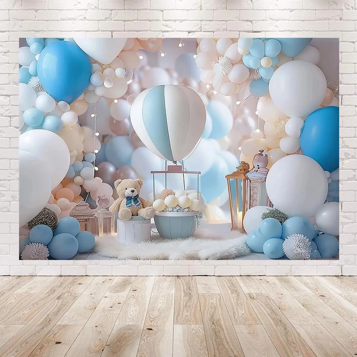 Hot Air Balloons Adventure Bear 1st Birthday Backdrop for Photography Children's Birthday Party Decoration White Clouds Stars Baby Shower Backdrop Graduation Travel Party Background (7X5FT)