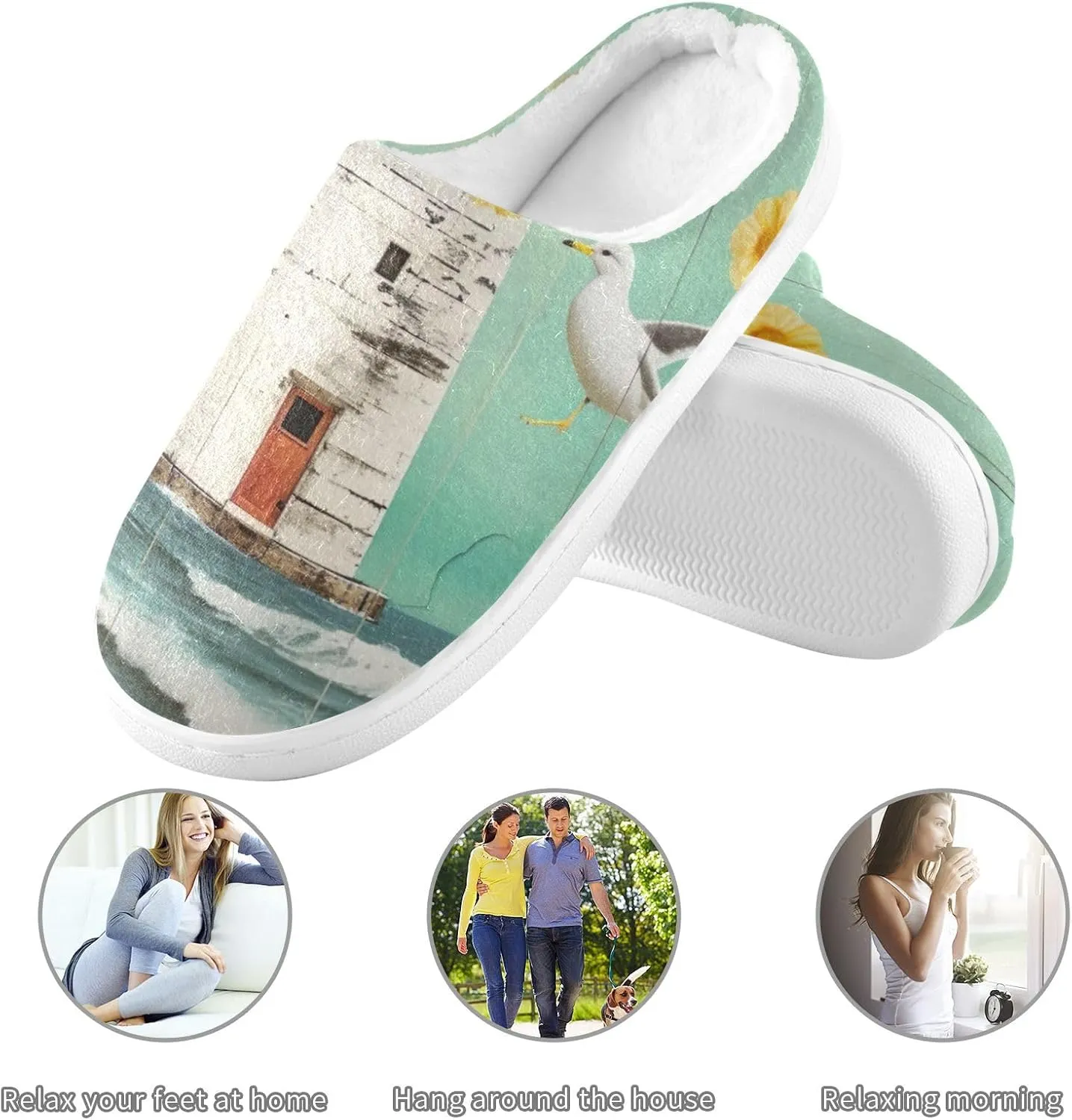 House Fuzzy Slippers Lighthouse Beach Seagull Anti-Slip Warm Shoes for Womens & Men 20853271