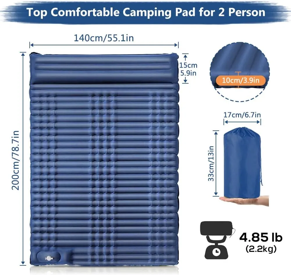 HXBER Double Self Inflating Sleeping Pad Camping Bed for Adults with Built-in Foot Pump and Pillows Self-Inflating Portable Camping Bed for Backpacking and Hiking