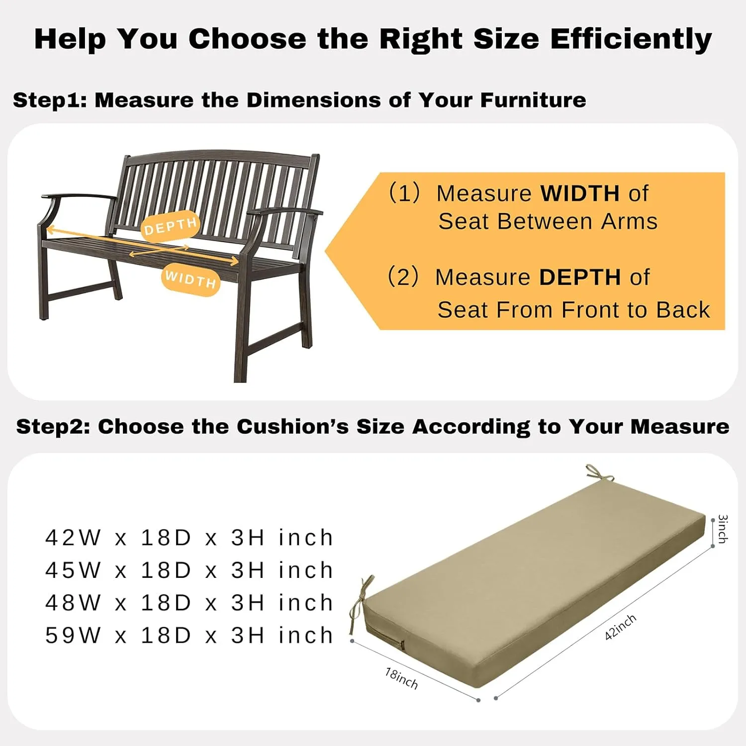 idee-home Outdoor Bench Cushion Waterproof, Bench Cushions for Outdoor Furniture, Patio Porch Swing Replacement Seat Pad with Ties for Garden Backyard, 42 x 18 Inch