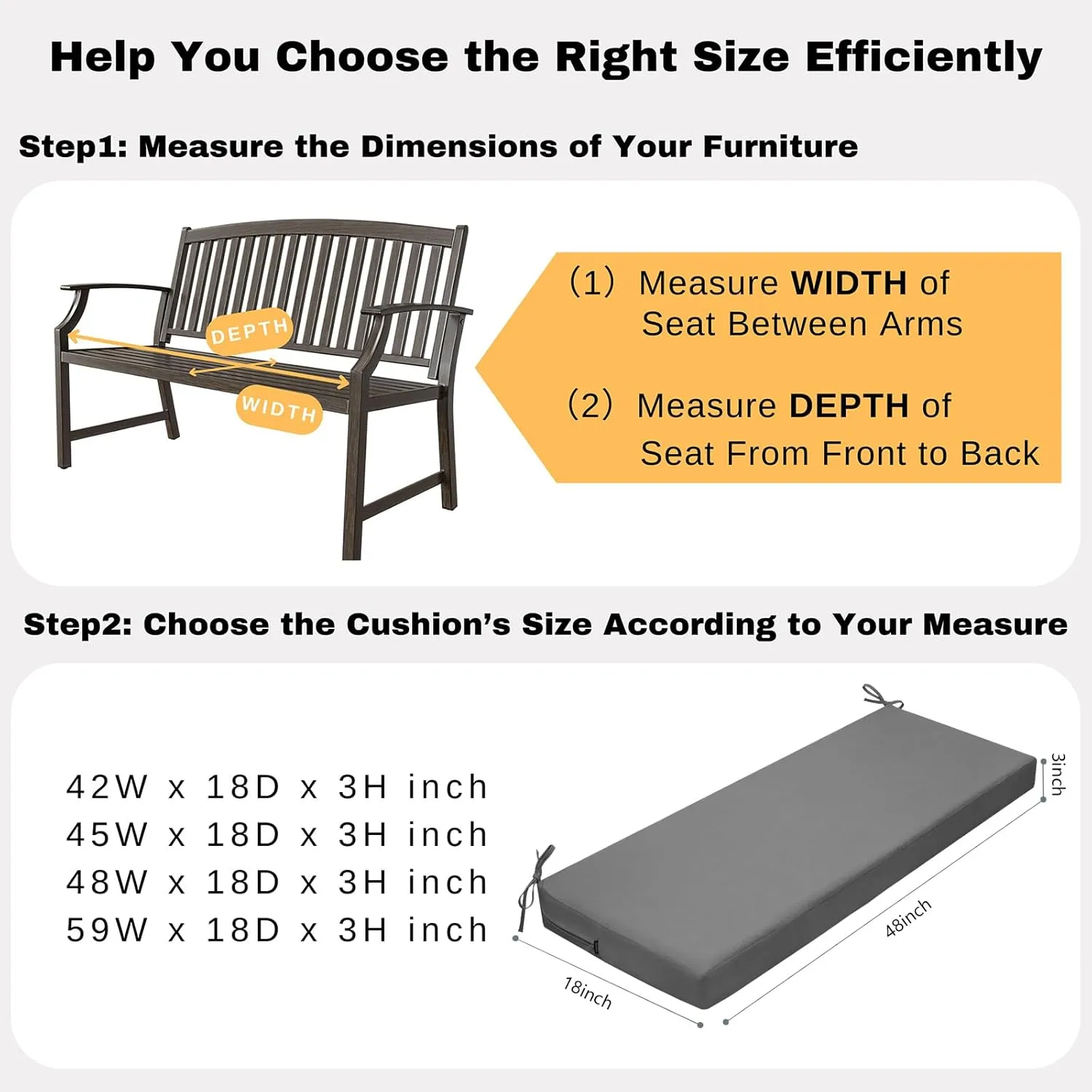 idee-home Outdoor Bench Cushion Waterproof, Bench Cushions for Outdoor Furniture, Patio Porch Swing Replacement Seat Pad with Ties for Garden Backyard, 48 x 18 Inch Dark Grey