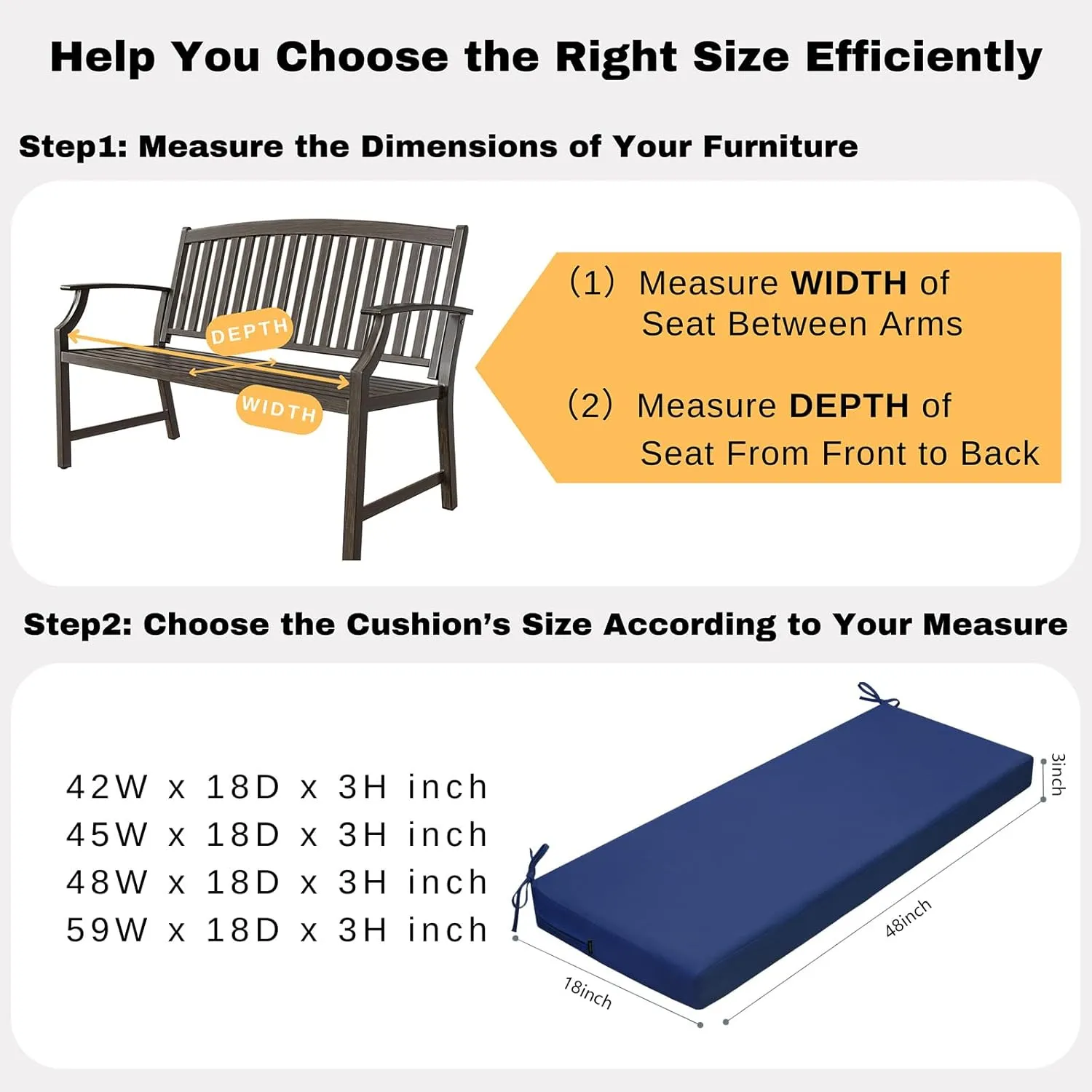 idee-home Outdoor Bench Cushion Waterproof, Bench Cushions for Outdoor Furniture, Patio Porch Swing Replacement Seat Pad with Ties for Garden Backyard, 48 x 18 Inch Navy Blue