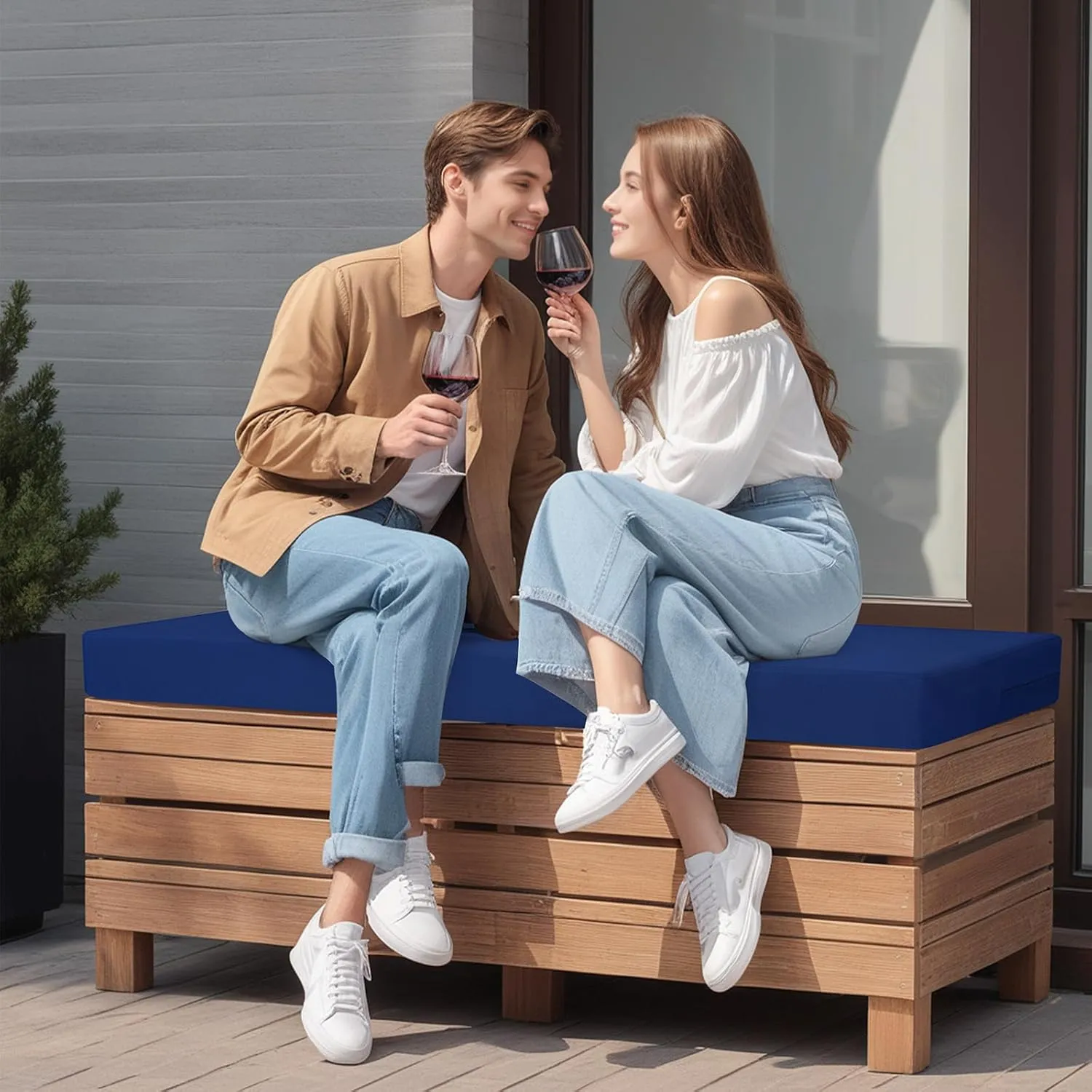 idee-home Outdoor Bench Cushion Waterproof, Bench Cushions for Outdoor Furniture, Patio Porch Swing Replacement Seat Pad with Ties for Garden Backyard, 48 x 18 Inch Navy Blue