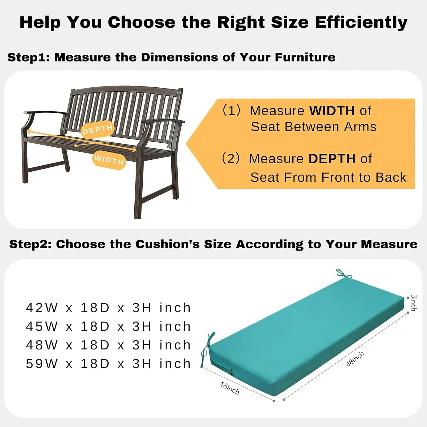 idee-home Outdoor Bench Cushion Waterproof, Bench Cushions for Outdoor Furniture, Patio Porch Swing Replacement Seat Pad with Ties for Garden Backyard, 48 x 18 Inch Peacock Blue
