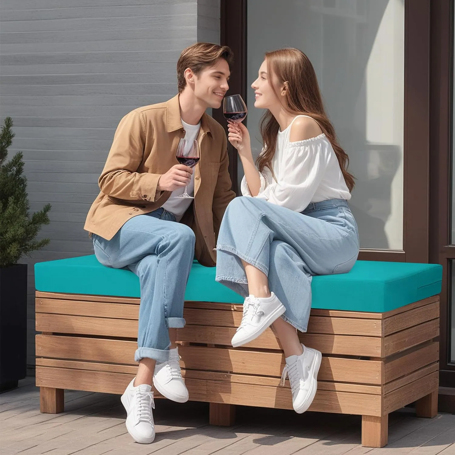idee-home Outdoor Bench Cushion Waterproof, Bench Cushions for Outdoor Furniture, Patio Porch Swing Replacement Seat Pad with Ties for Garden Backyard, 48 x 18 Inch Peacock Blue