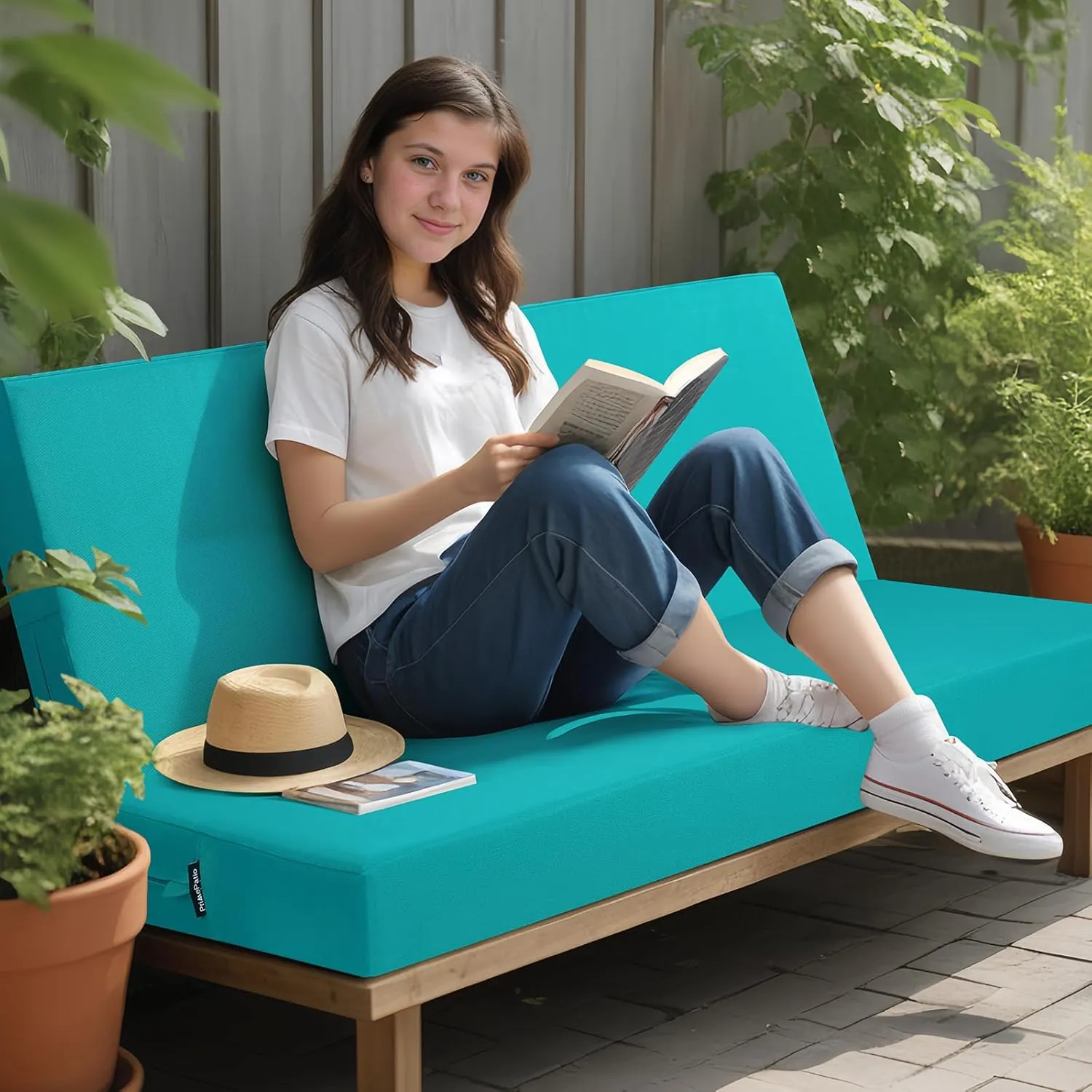 idee-home Outdoor Bench Cushion Waterproof, Bench Cushions for Outdoor Furniture, Patio Porch Swing Replacement Seat Pad with Ties for Garden Backyard, 48 x 18 Inch Peacock Blue