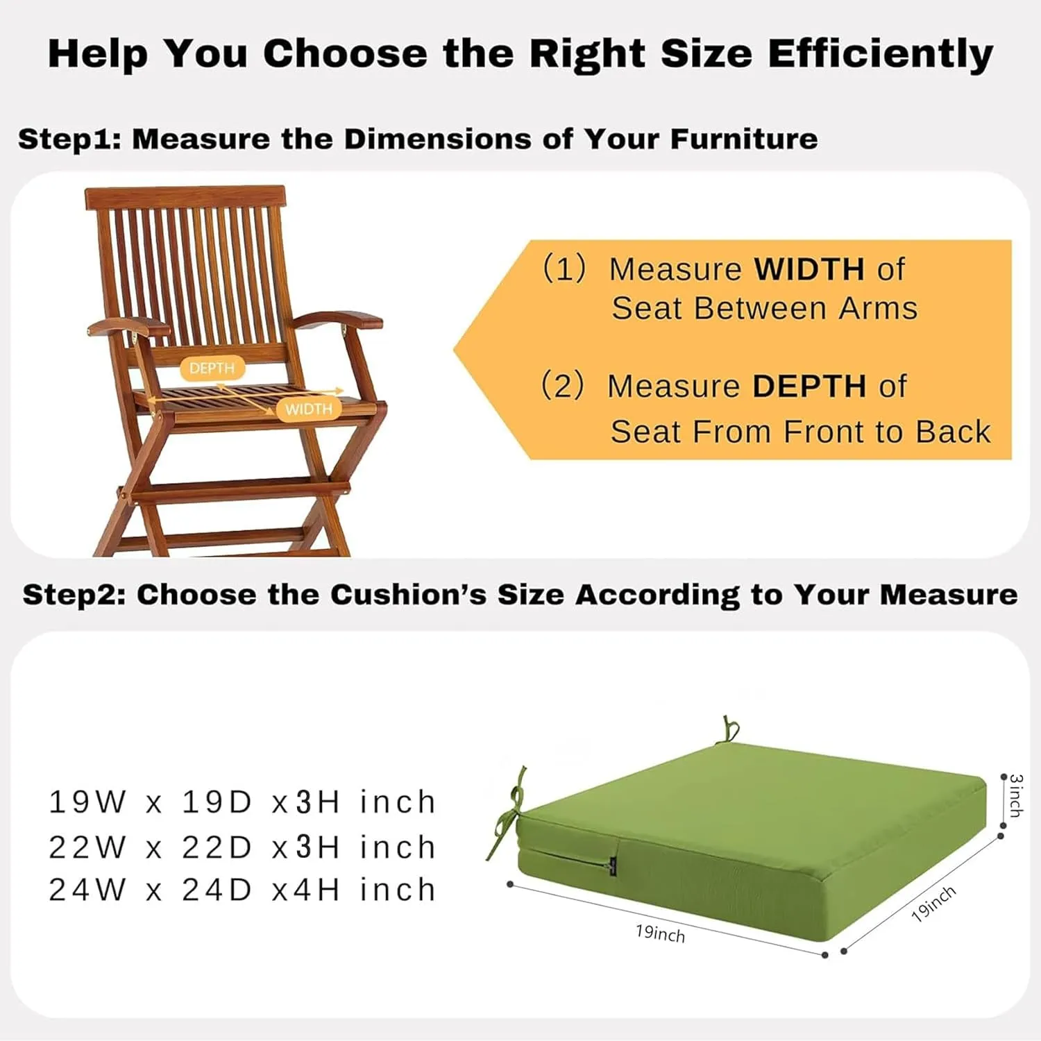 idee-home Outdoor Chair Cushions Set of 2, Waterproof Outdoor Seat Cushions for Patio Furniture, Outside Replacement Chair Pad with Ties for Lawn Deck Porch, 19 x 19 Green