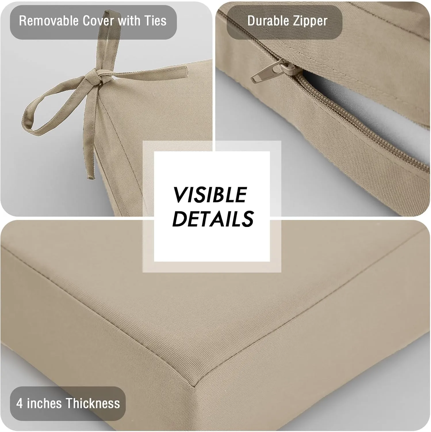 idee-home Outdoor Chair Cushions Set of 4, Waterproof Outdoor Seat Cushions for Patio Furniture, Outside Replacement Chair Pad with Ties for Lawn Deck Porch, 19 x 19 Beige