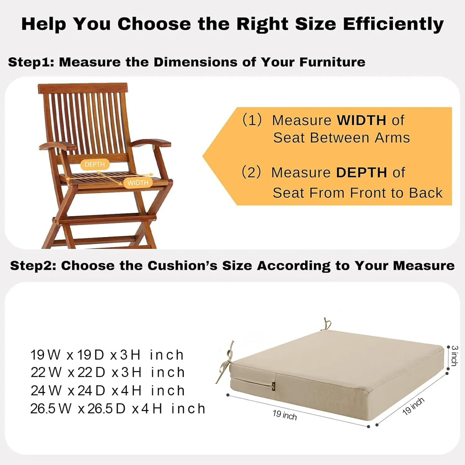 idee-home Outdoor Chair Cushions Set of 4, Waterproof Outdoor Seat Cushions for Patio Furniture, Outside Replacement Chair Pad with Ties for Lawn Deck Porch, 19 x 19 Beige
