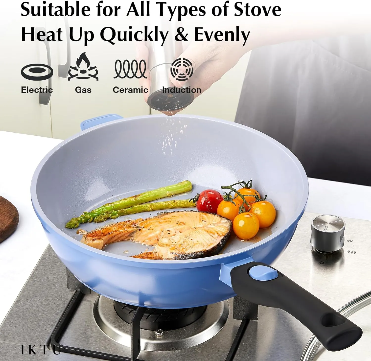 IKTU Ceramic Nonstick Deep Frying Pan, 11Inch Nonstick 4Qt Saute Pan with Helper Handle and Lid, Large Skillet Pan Induction Cookware with Detachable Handle, PFAS PFOA & PTFE Free