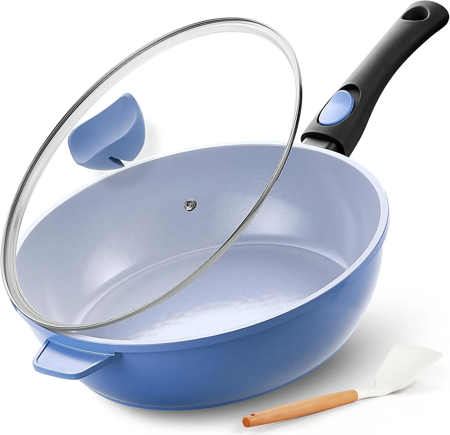 IKTU Ceramic Nonstick Deep Frying Pan, 11Inch Nonstick 4Qt Saute Pan with Helper Handle and Lid, Large Skillet Pan Induction Cookware with Detachable Handle, PFAS PFOA & PTFE Free