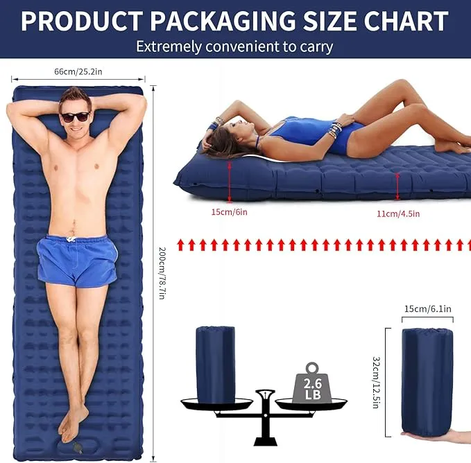 Inflating Sleeping Pad for Camping.LORPECT 4.5 in Thick Sleeping Mat .Compact Waterproof Camping Air Mattress with Pillow.Foot Pressure Inflatable Camping Pads for Backpacking & Hiking.Grey (Blue)