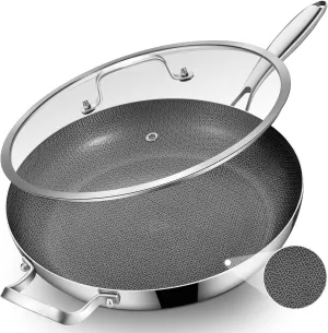 Inqibee 14-Inch Tri-Ply Hybrid Ceramic Non stick Stainless Steel Frying Pan with Lid,Large Skillet,Induction Chef's Cooking Pan,Dishwasher and Oven Safe,Detachable Handle
