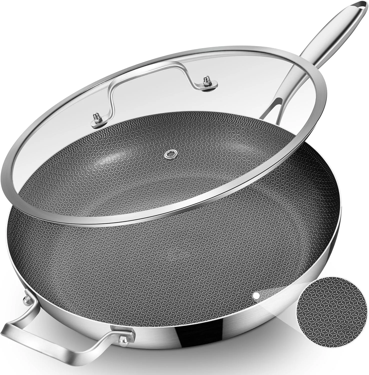Inqibee 14-Inch Tri-Ply Hybrid Ceramic Non stick Stainless Steel Frying Pan with Lid,Large Skillet,Induction Chef's Cooking Pan,Dishwasher and Oven Safe,Detachable Handle