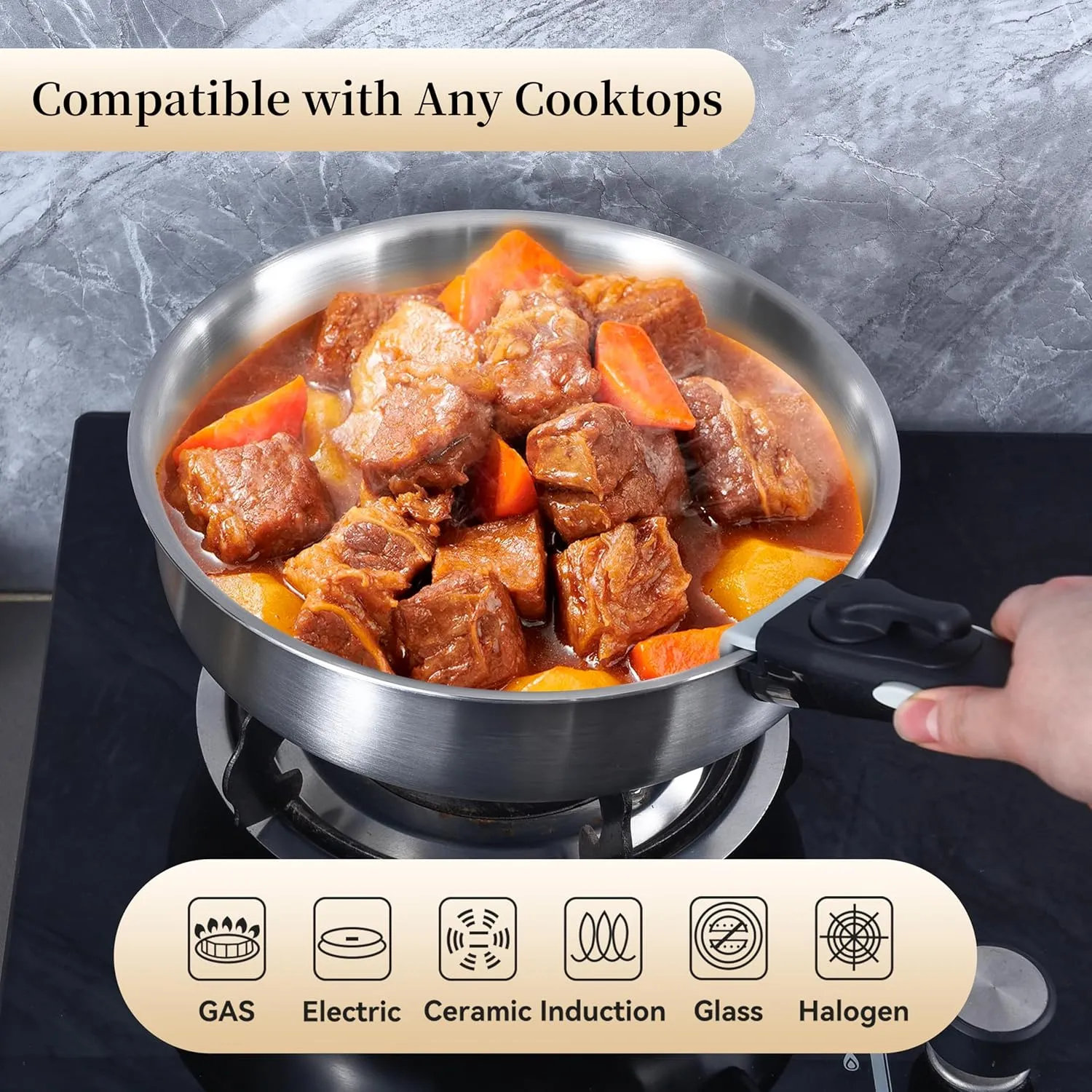 Inqibee Tri-ply Stainless Steel 3 QT Sauté Pan with Lid and Detachable Handle,10 Inch Deep Frying Pan for Home & RV Camping,Induction Pans,Dishwasher and Oven Safe