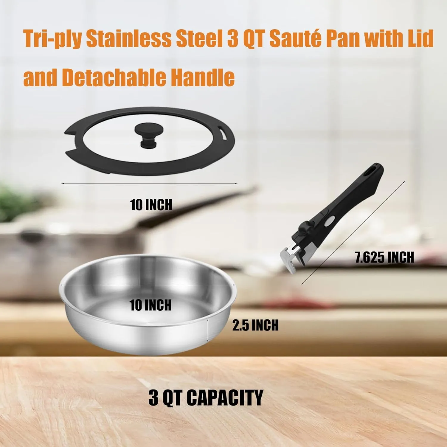 Inqibee Tri-ply Stainless Steel 3 QT Sauté Pan with Lid and Detachable Handle,10 Inch Deep Frying Pan for Home & RV Camping,Induction Pans,Dishwasher and Oven Safe