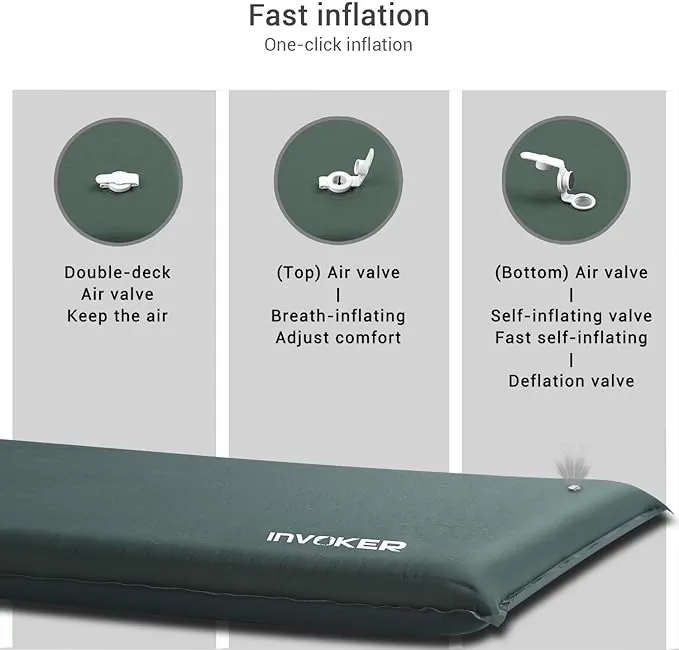 INVOKER Camping Sleeping pad - Self-Inflating 2inch Thick FexFoam Camping Mat,Ultralight&Compact Air Mattress Fast Inflatable for Traveling Backpacking Hiking Tent - Built-in Contour Pillow(Green)