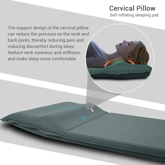 INVOKER Camping Sleeping pad - Self-Inflating 2inch Thick FexFoam Camping Mat,Ultralight&Compact Air Mattress Fast Inflatable for Traveling Backpacking Hiking Tent - Built-in Contour Pillow(Green)
