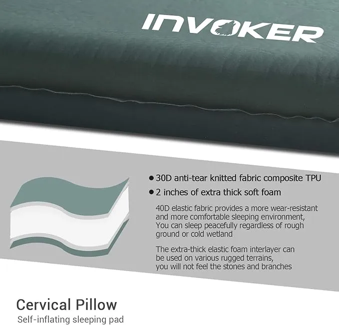 INVOKER Camping Sleeping pad - Self-Inflating 2inch Thick FexFoam Camping Mat,Ultralight&Compact Air Mattress Fast Inflatable for Traveling Backpacking Hiking Tent - Built-in Contour Pillow(Green)