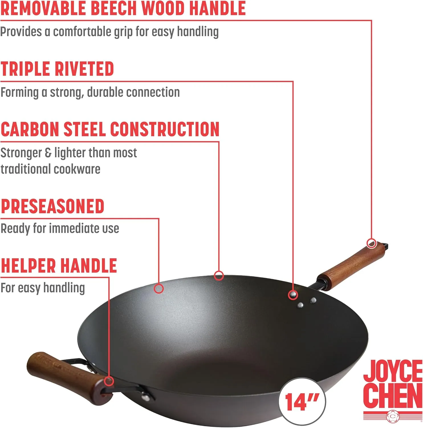 JOYCE CHEN Classic Series 14-Inch Preseasoned Carbon Steel Wok