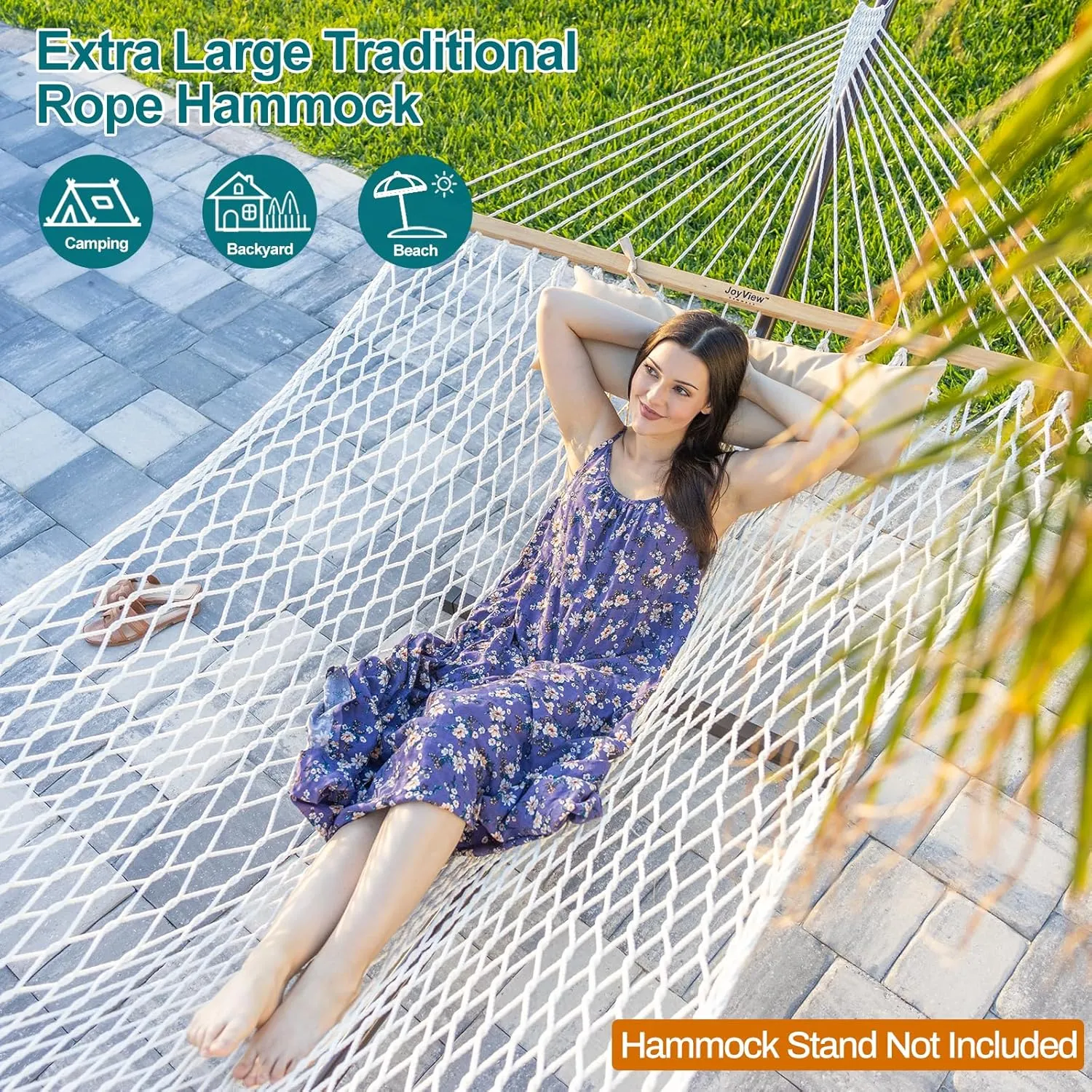 JoyView Traditional Rope Double Hammock - Hand Woven Cotton Hammock with Hardwood Spreader Bar and Pillow 450lb Capacity for Outdoor Indoor Patio Yard - Blue