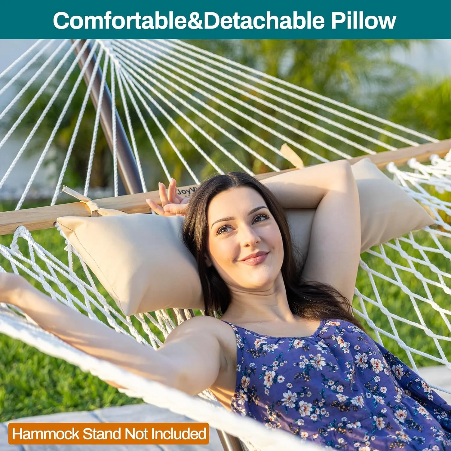 JoyView Traditional Rope Double Hammock - Hand Woven Cotton Hammock with Hardwood Spreader Bar and Pillow 450lb Capacity for Outdoor Indoor Patio Yard - Blue