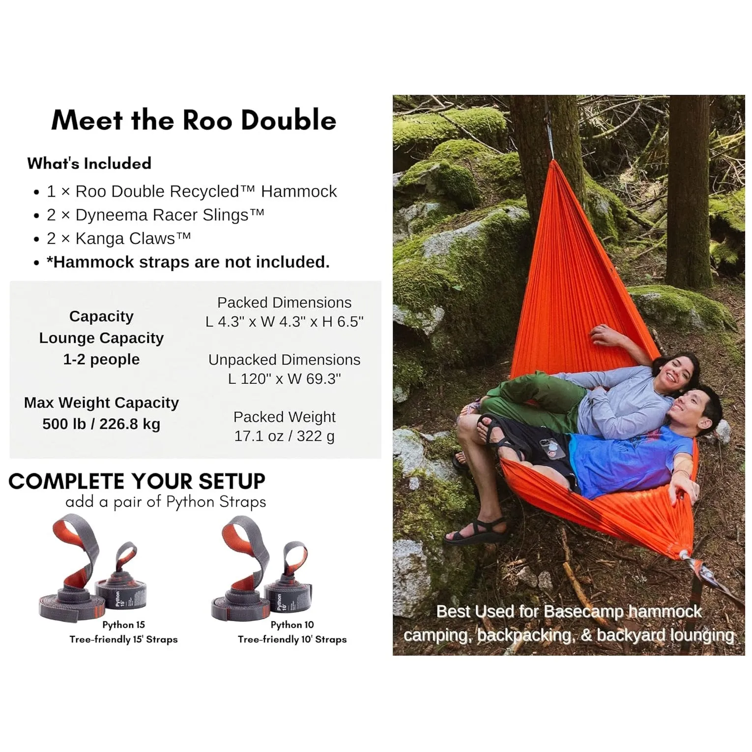 Kammok Roo Double Hammock with Stuff Sack | Durable & Waterproof | Great for Two People