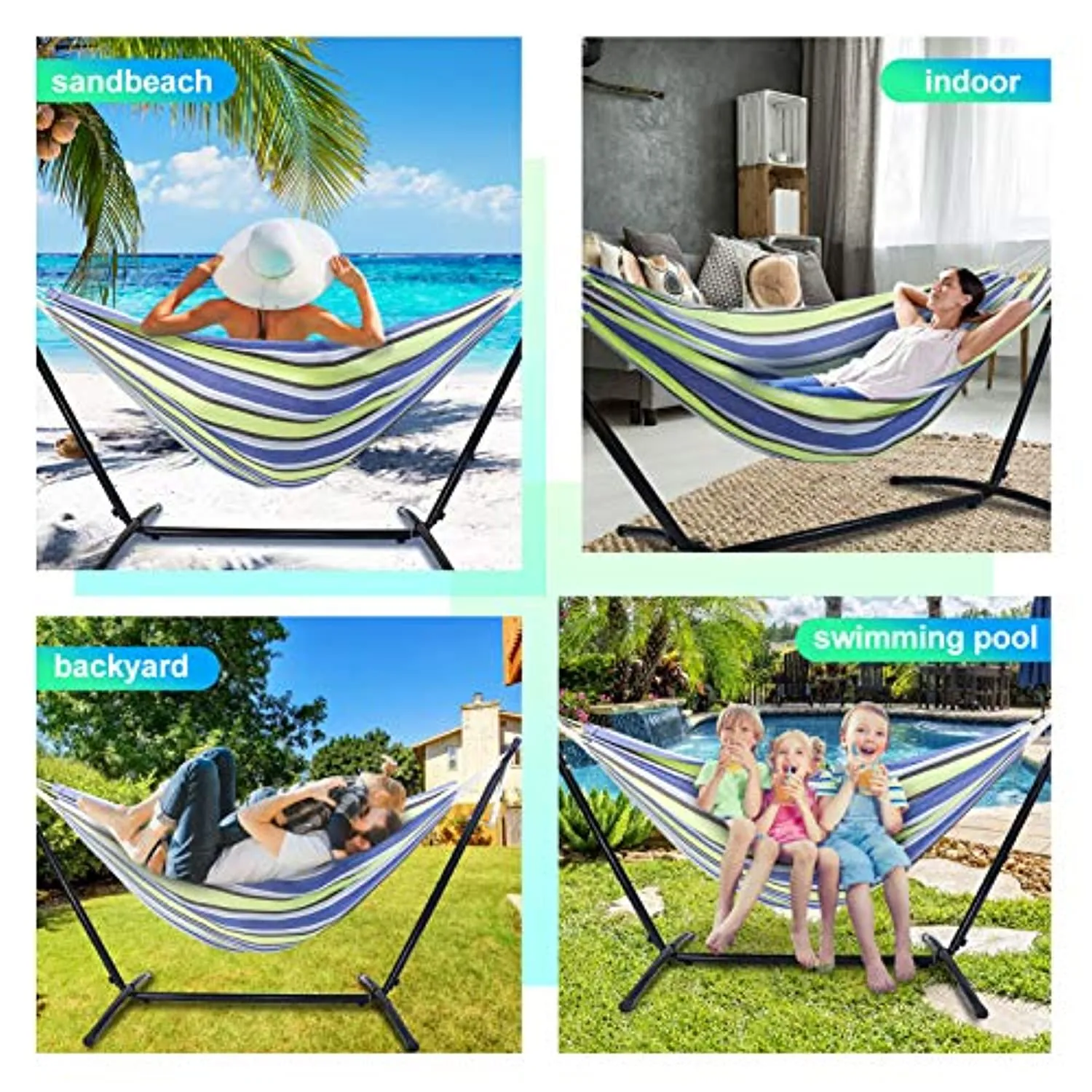 Kanchimi Hammock with Stand,Max Load 450lbs,Portable Double Hammock for para Patio,Indoor Outdoor Hammock with Stand 2 Person Heavy Duty,Premium Carrying Case Included（Bluegreen）