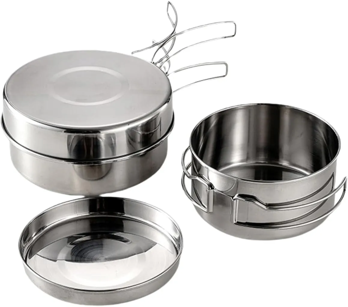 KICHOUSE Cooking Pot Pan Set Camping Cookware Set Portable Cooking Stove Stew Pot Frying Pan Plates and Cups Stainless Steel Cookware for Outdoor
