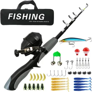 Kid Fishing Pole, Beginner Fishing Kit, Portable Telescopic Fishingrod, with Spinning Reel, Portable Bag, Tackle Box for Girls, Boys, Youth Gift Telescopic Rod