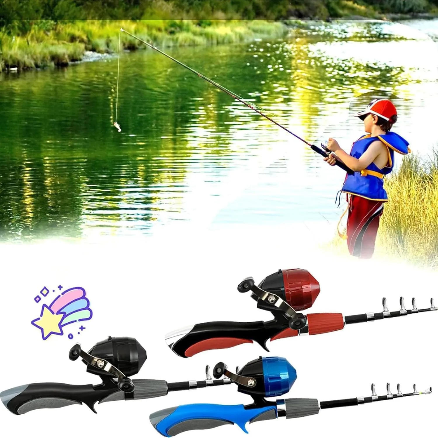 Kid Fishing Pole, Beginner Fishing Kit, Portable Telescopic Fishingrod, with Spinning Reel, Portable Bag, Tackle Box for Girls, Boys, Youth Gift Telescopic Rod