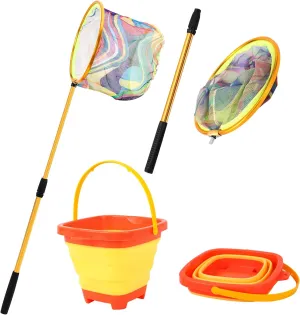 Kids Fishing Net - Telescopic Landing Net with Aluminum Pole Handle, Collapsible Bucket Sand Pail, Butterfly Net for Outdoor Play