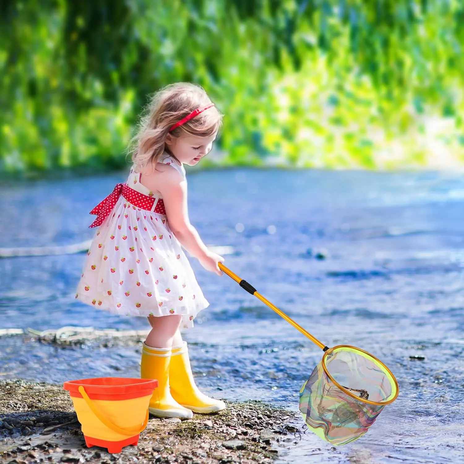 Kids Fishing Net - Telescopic Landing Net with Aluminum Pole Handle, Collapsible Bucket Sand Pail, Butterfly Net for Outdoor Play