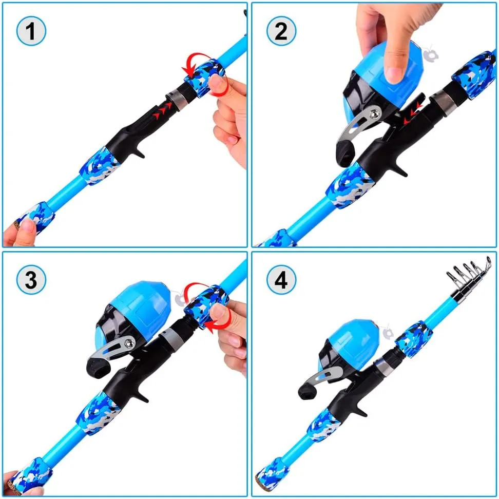Kids Fishing Pole and Spincast Reel Combo Kit Portable Telescopic Fishing Rod Combo Full Kits for Boys, Girls, and Adults