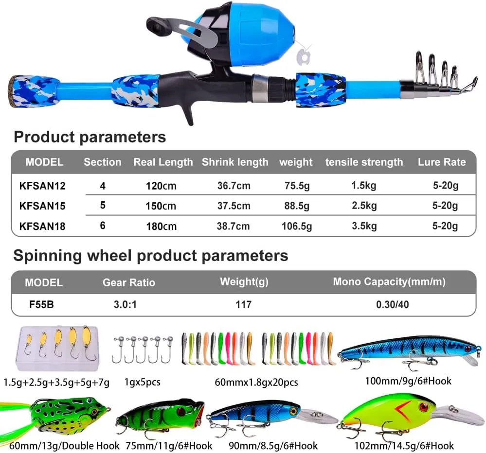 Kids Fishing Pole and Spincast Reel Combo Kit Portable Telescopic Fishing Rod Combo Full Kits for Boys, Girls, and Adults
