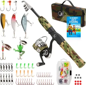 Kid’s Fishing Pole Kit with Spinning Reel - 62 Piece Tackle Bag, 4lb Line - Including Beginner’s Guide eBook - Toddler Fishing Pole Combo - Youth Telescopic Portable Rod - Kids Fishing Gear