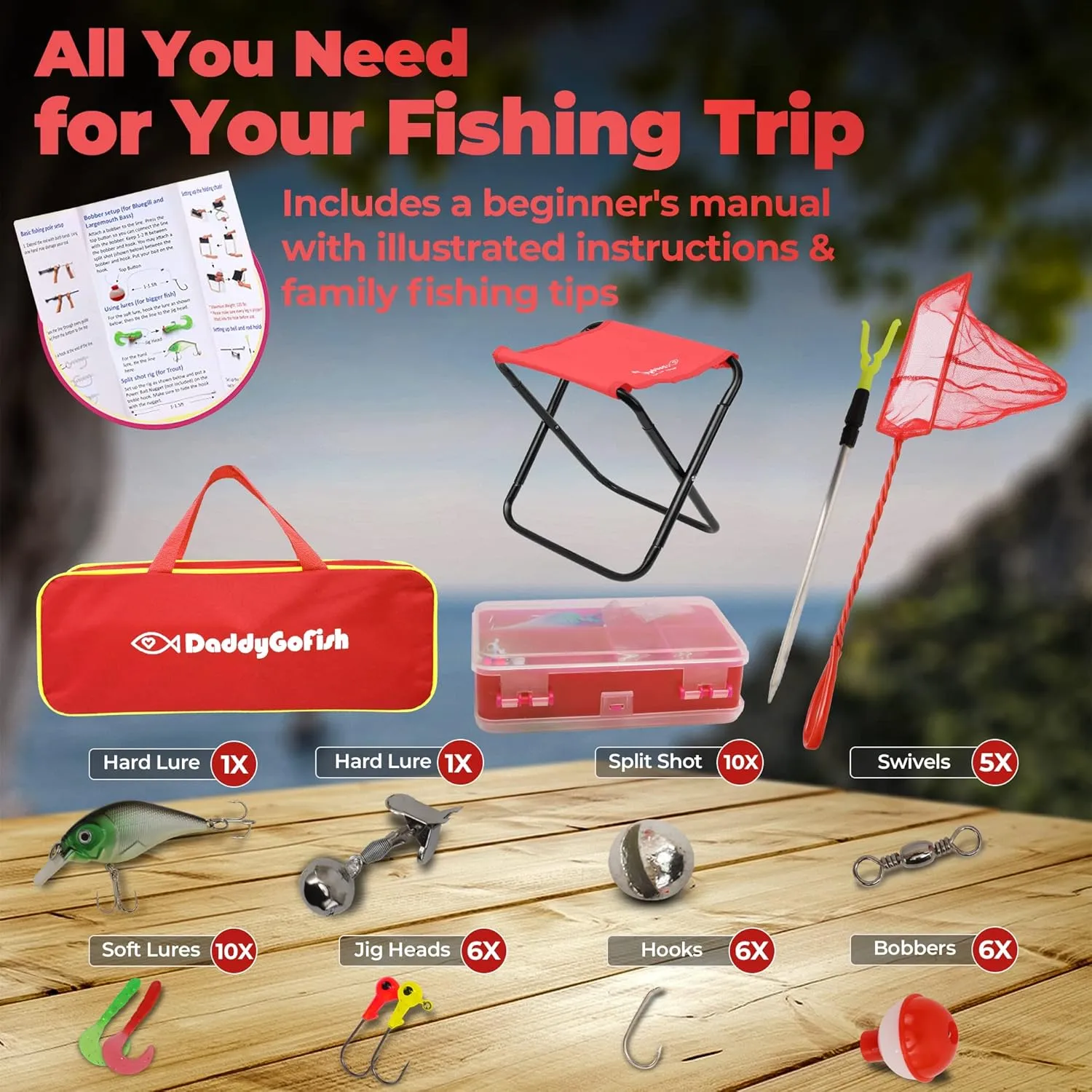 Kids Fishing Pole - Rod Reel Combo Tackle Box Starter Set - First Year Small Dock Gear Kit for Boys Girls Toddler Youth Age Beginner Little Children Junior Anglers