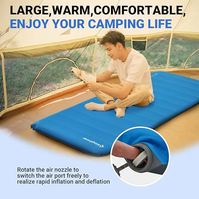 KingCamp Self Inflating Camping Pad 3" Thick Foam Sleeping Mattress 6.1R Value Soft Warm Portable Inflating Air Mat for Travel Hiking Tent,78"x30", Blue