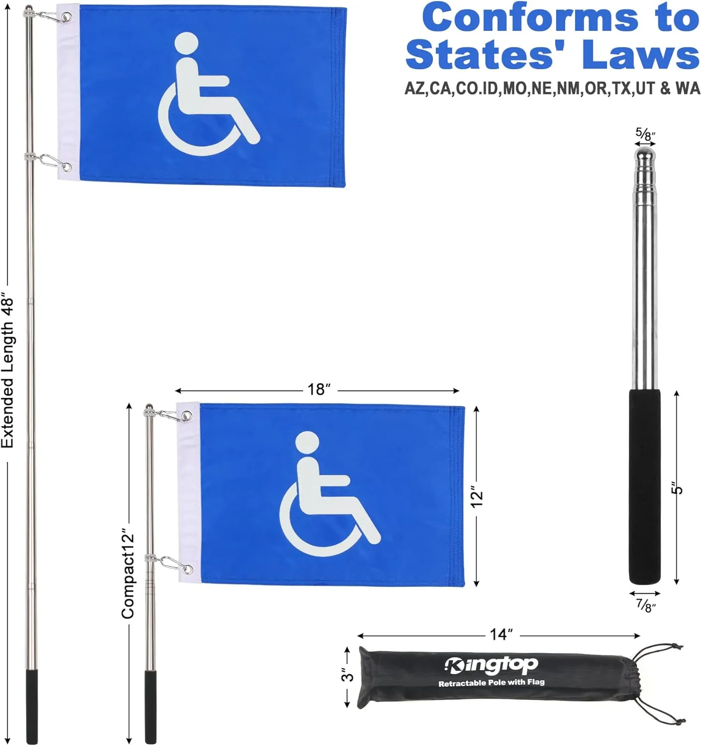 KINGTOP Telescopic Flagpole with Golf Cart Flag - 12x18 Flags for Golf Carts, Boats, Biking | Includes Storage Bag, Durable 48" Stainless Steel Pole and Flag, Meets Safety Laws