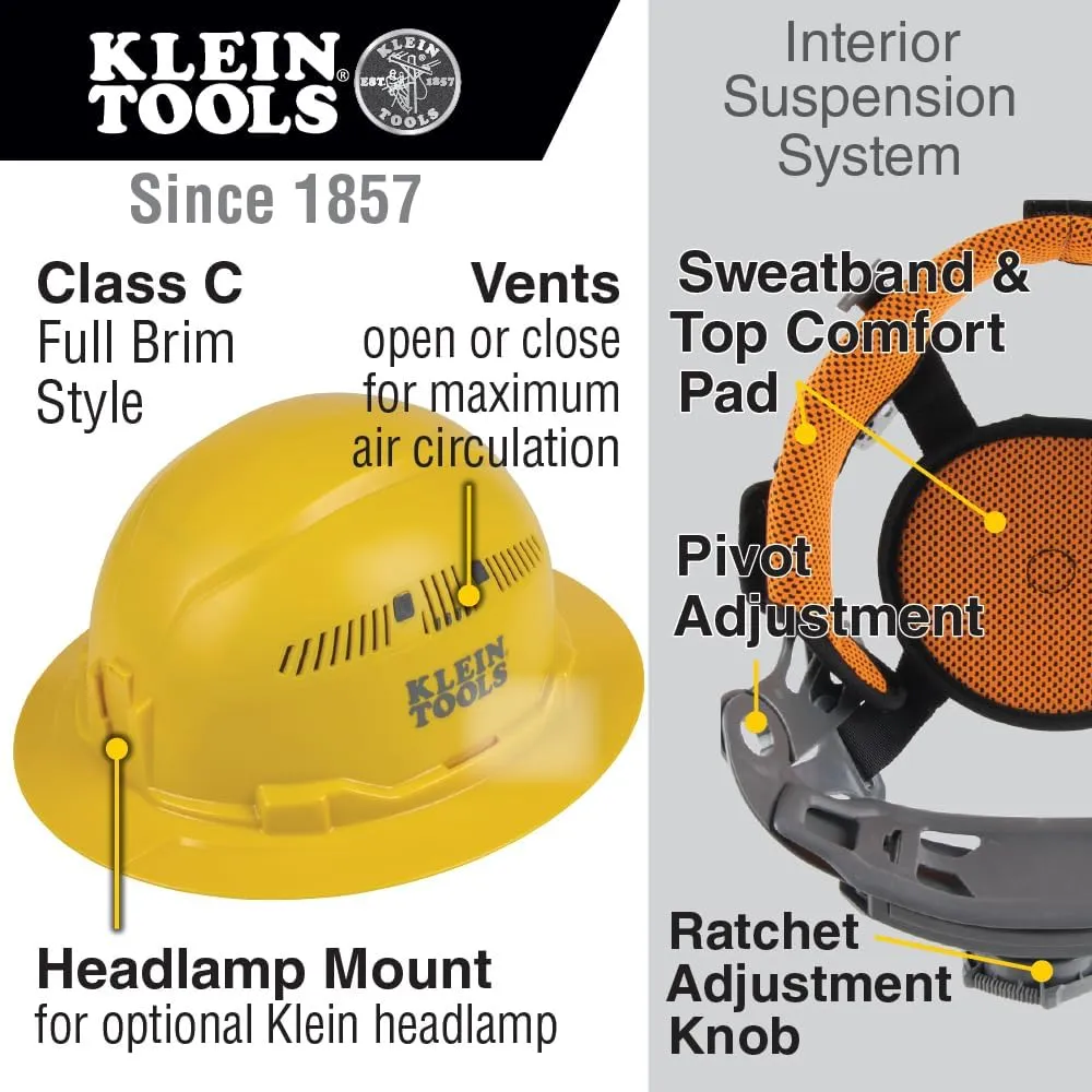 Klein Tools 60262 Hard Hat, Vented, Full Brim Style, Padded Self-Wicking Odor-Resistant Sweatband, Yellow