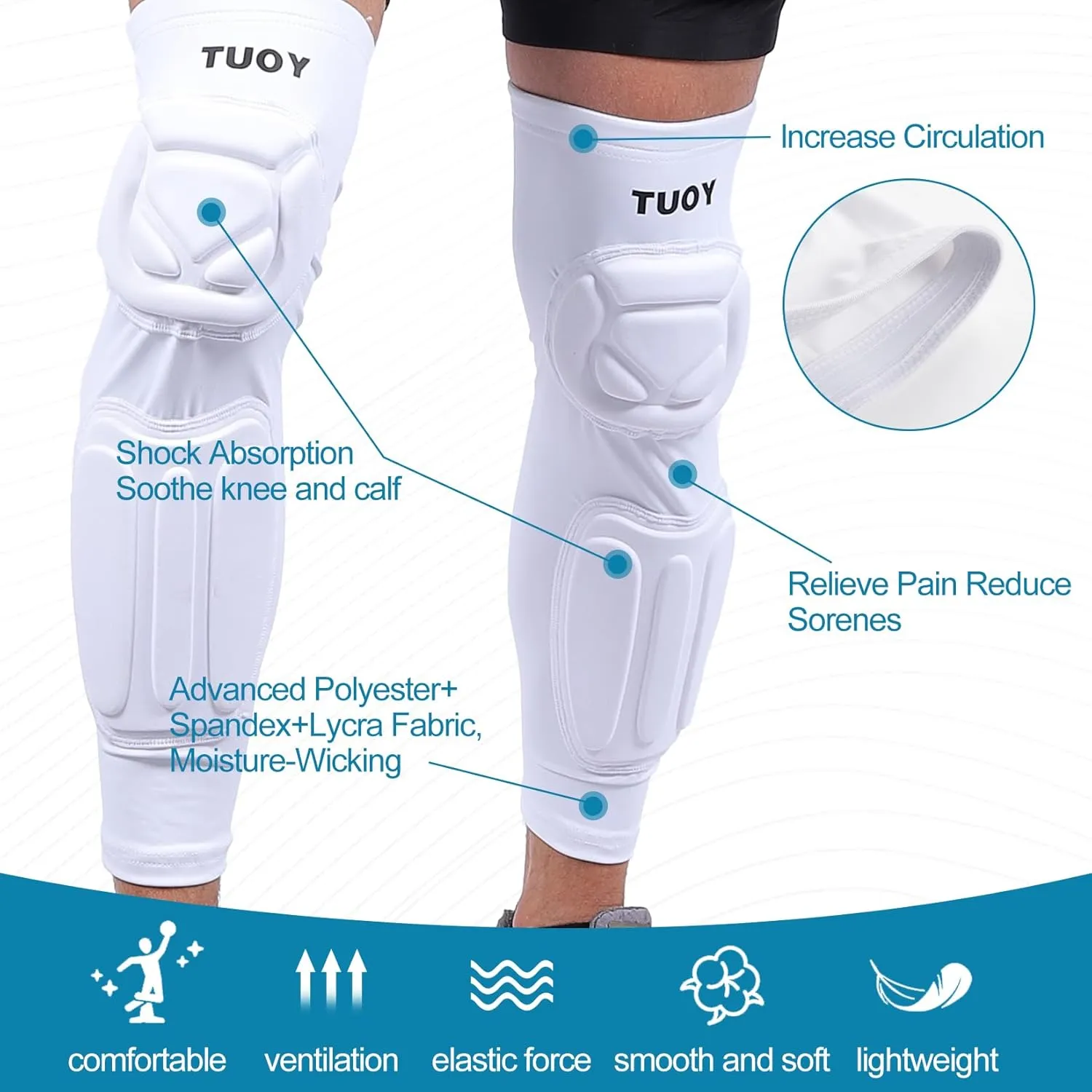 Knee Pad Protective Calf Shin Guards For Adult Youth Leg Compression Sleeve Pad For Football Basketball Volleyball Soccer Protective Gear Calf Support Cuff With Anti-Slip Strip ((White 1 Pair))